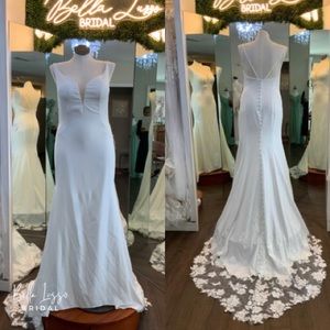 Crepe spaghetti strap fit and flair with lace detail train and back buttons